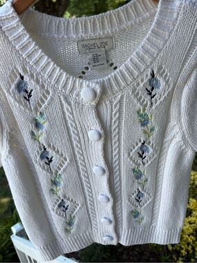Rachel Zoe White Knit Cardigan with Blue and Green Floral Embroidery